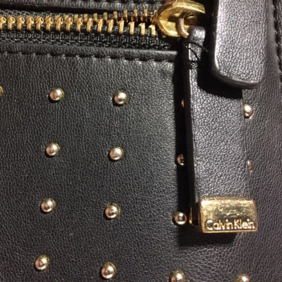 Calvin Klein Black Studded Leather Zip Pouch Wallet Purse 10" x 6" - Picture 8 of 13